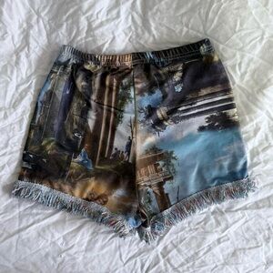Printed Rococo Scene Fringed Hem Tap Shorts
